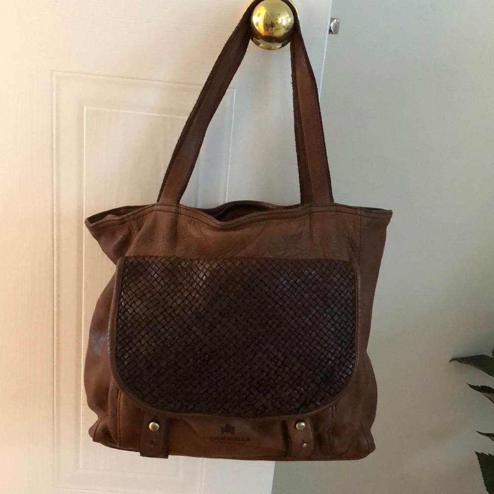 Brown leather tote.
